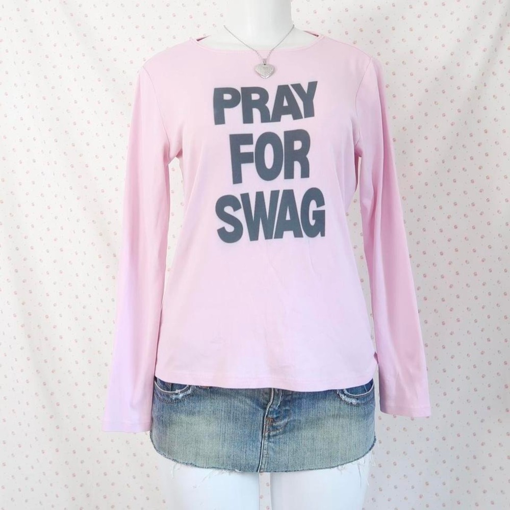 pray for swag long sleeve top tumblr fashion indie sleaze y2k saint pink